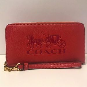 COACH Leather Strawberry Haze Horse & Carriage Long Zip Around Wallet.